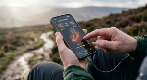A person using a mobile phone app to adjust the heat settings of their socks while resting at a trig point.