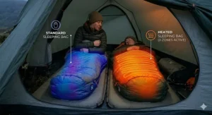 Alt text for image 9: A thermal imaging style comparison between a standard mummy sleeping bag and an electrically heated version.