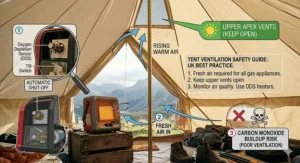 Infographic showing the importance of proper ventilation when using a butane heater in a tent to prevent carbon monoxide buildup.