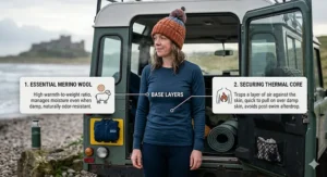 An infographic showing loose-fitting merino wool thermal base layers, designed to be easily pulled onto damp skin after wild swimming.