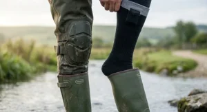 Close-up of thick thermal electric socks being worn comfortably inside neoprene chest waders for deep water angling.