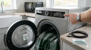 Graphic showing a heated blanket being placed in a washing machine with machine washable text.