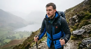 An illustration of a hiker staying warm and dry in a heated jacket during a light shower on a British hill.