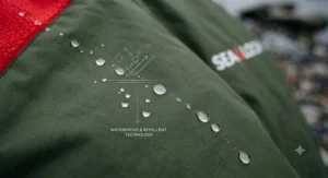 Close-up illustration of the waterproof outer shell on a changing robe for wild swimming, showing rain and seawater bead resistance with graphic text.