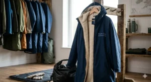 An illustration of a weatherproof outdoor changing robe with a thick fleece lining and hood, essential warming gear for wild swimming.