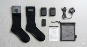 The complete retail packaging layout containing a pair of long heated socks, twin battery banks, and a UK dual-charging power lead.