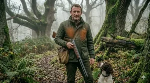 A man in a field-ready heated hunting jacket breaks open his shotgun on a misty trail in a British woodland.