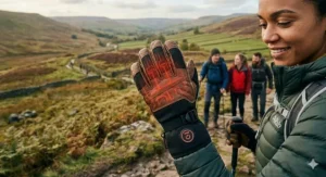 A woman wearing ergonomic heated gloves designed for hiking during a winter woodland walk.