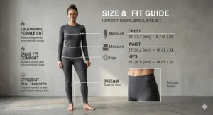 A fit guide graphic showcasing a woman wearing a snug, ergonomic heated thermal base layer for optimal heat retention.