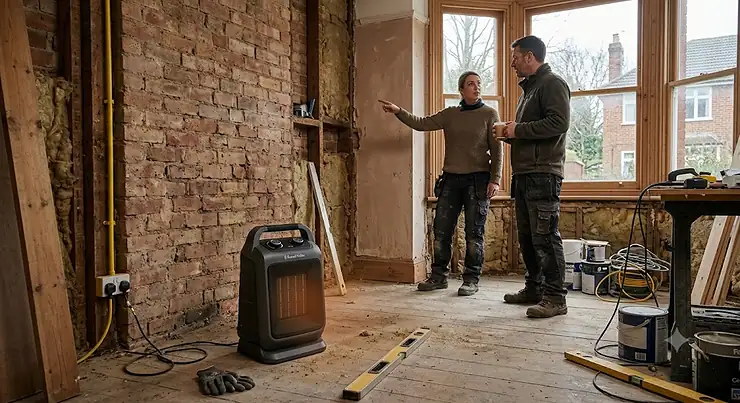 A powerful portable space heater providing efficient warmth in a chilly, unfinished room during a home renovation project in the UK. space heater for unfinished house