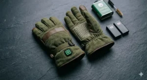 A graphic overlay showing the layers of a heated glove, including the Thinsulate lining, breathable membrane, heating zone, and durable leather palm.