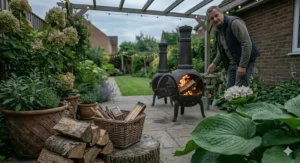 Dry, seasoned hardwood logs burning efficiently inside a modern metal chimenea for minimal smoke.