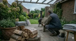 A portable chimenea placed safely on a heat-resistant brick patio at a distance from garden fencing.