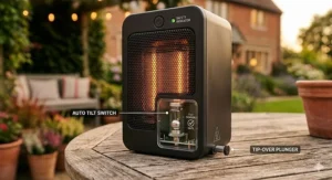 Close-up of a safety tilt-switch on a portable, small patio heater for table.