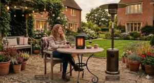 A side-by-side comparison showing the scale of a small patio heater for table next to a large floor lamp.