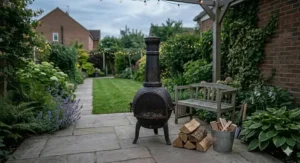 A family using a cast iron chimenea with a grill attachment to cook food outdoors in the garden.
