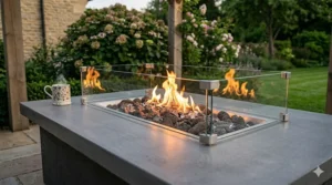 Close-up of grey lava rocks arranged around the flame of a gas fire pit table.