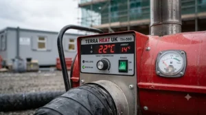 Close-up view of a robust diesel heater control panel designed for easy operation on building sites.