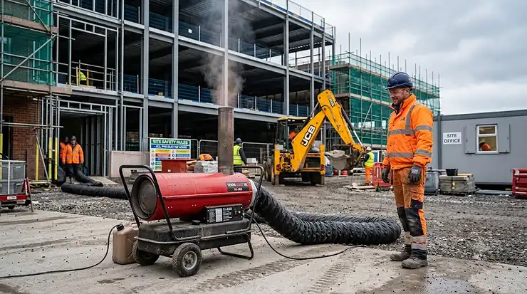 Portable industrial diesel heater providing efficient space heating on a UK construction site during winter. diesel heater for construction site