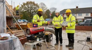 Powerful direct-fired diesel heater operating in a well-ventilated construction area.