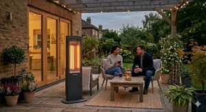 A couple chatting over drinks in a garden, with a tall, freestanding electric patio heater creating a welcoming and cosy outdoor atmosphere.