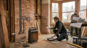 A modern electric space heater with an adjustable thermostat dial, ideal for temporary heating in unfinished properties.