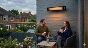 Energy-efficient wall-mounted patio heater warming a small balcony space effectively.
