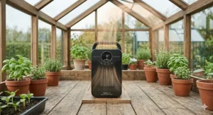 An electric fan heater circulating warm air to prevent cold spots in a home greenhouse