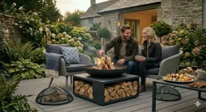 A contemporary fire bowl for garden settings featuring an integrated log storage base.