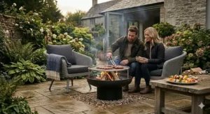 A modern fire bowl for garden entertaining, featuring a stainless steel grill attachment for outdoor cooking.