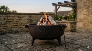 A lightweight, portable fire pit being packed away at a campsite in a Scottish glen, perfect for travel.