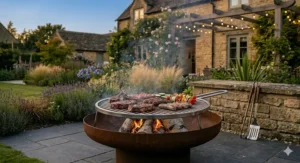 A beautifully landscaped stone fire pit feature built into a rock garden, creating a classic outdoor space.
