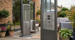 Close-up of a freestanding electric patio heater showing the clear digital control panel and settings for adjusting warmth on a timber decking.
