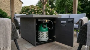 Internal storage compartment for a propane gas bottle inside a fire pit table.