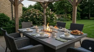 A rectangular gas fire pit table styled with outdoor dining chairs for entertaining.