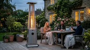 Diagram showing the heat distribution radius of a gas patio heater.