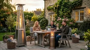 Safety guide illustrating the required clearance distance for patio heaters.