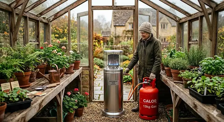 Close-up of a propane heater’s oxygen depletion sensor and flame failure device for safe operation in enclosed garden spaces. propane greenhouse heater