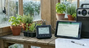 Digital thermometer showing a stable environment inside a greenhouse next to an electric heater