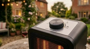 Detailed view of the adjustable heat setting dial on a modern small patio heater for table.
