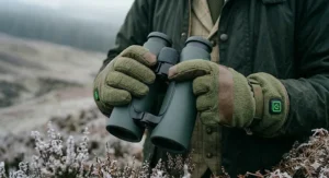 A man at a UK clay pigeon shooting ground wearing matching tweed attire and dark brown leather-reinforced heated shooting gloves while tracking a target.