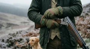 A pair of black heated shooting gloves neatly packed into a zipped, compact storage pouch next to a small cleaning kit.