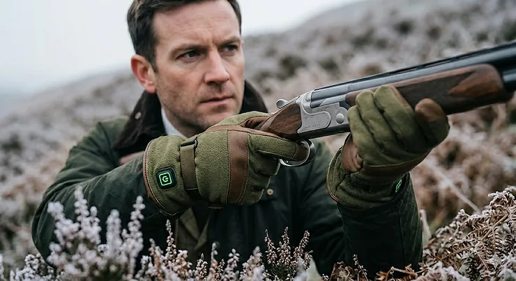 Close-up of a premium heated shooting glove showing the index finger pulled back and secured with a quiet magnetic fastening for precise trigger control. heated shooting gloves