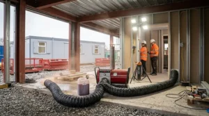 Powerful industrial diesel heater providing rapid space heating for large-scale construction site interiors.