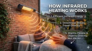 An infographic showing how infrared waves directly heat people and objects in a garden rather than the surrounding air.