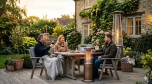 A step-by-step assembly guide for a free-standing garden gas heater.