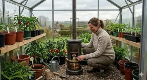 A detailed, photorealistic guide illustrating the safe assembly and correct positioning of a paraffin heater within a tidy UK greenhouse.