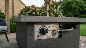 Detailed view of the push-button ignition and heat control dial on a gas fire pit table.