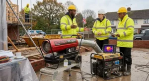 Indirect diesel heater positioned outside a building with ducting to supply clean, hot air.
