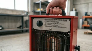 A red 3kW industrial electric heater actively operating, with a hand positioned above to feel the warm airflow.